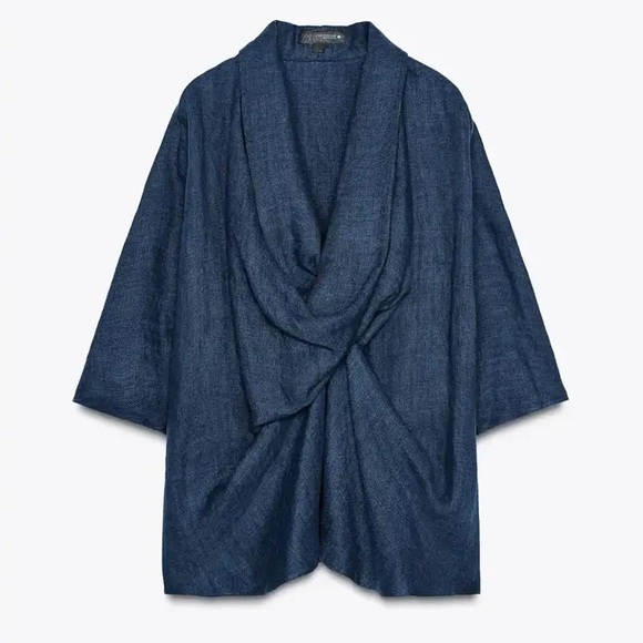 ZARA 100% Linen Draped Blouse INDIGO — ZW COLLECTION, LIMITED EDITION - Picture 2 of 15